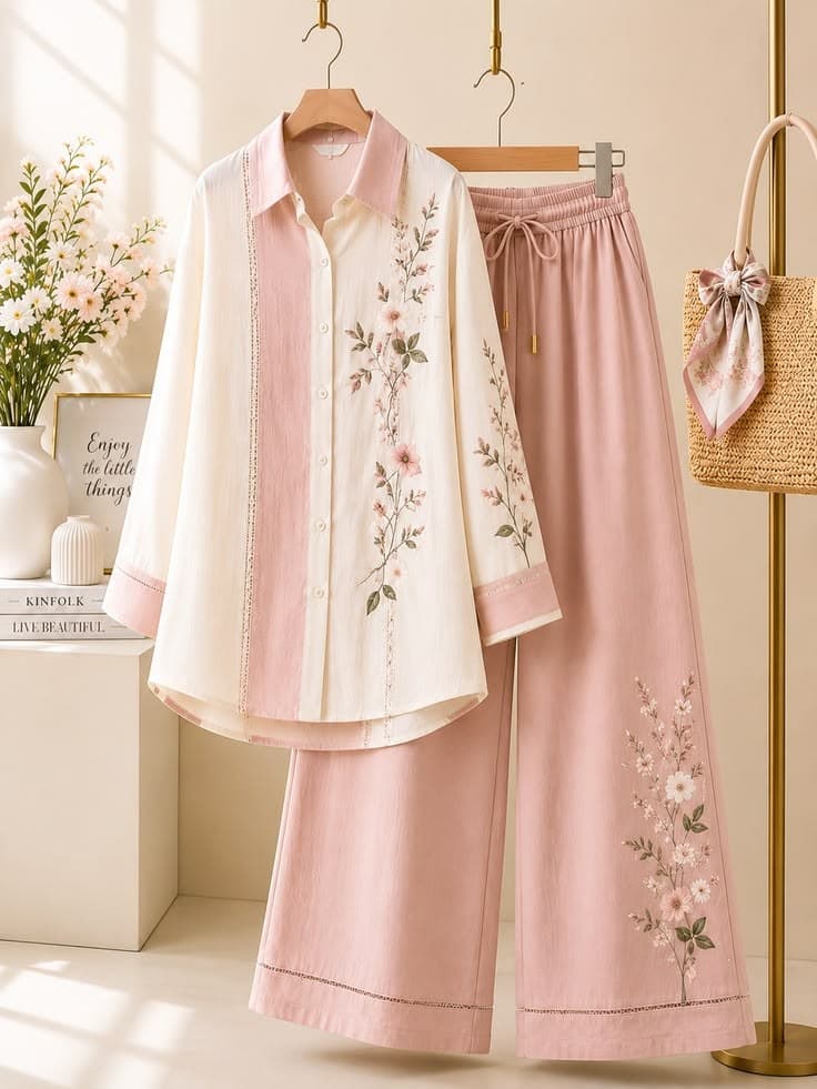 Design preview of the Blush Panel Shirt Co-ord Set in blush pink, front view