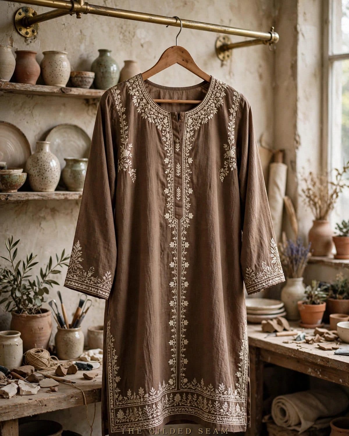 Design preview of the Brown Khaddar Frock in brown, front view