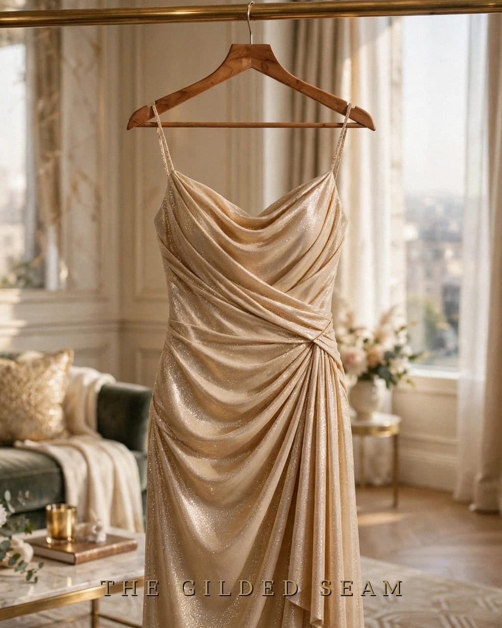 Design preview of the Champagne Lamé Frock in champagne, front view