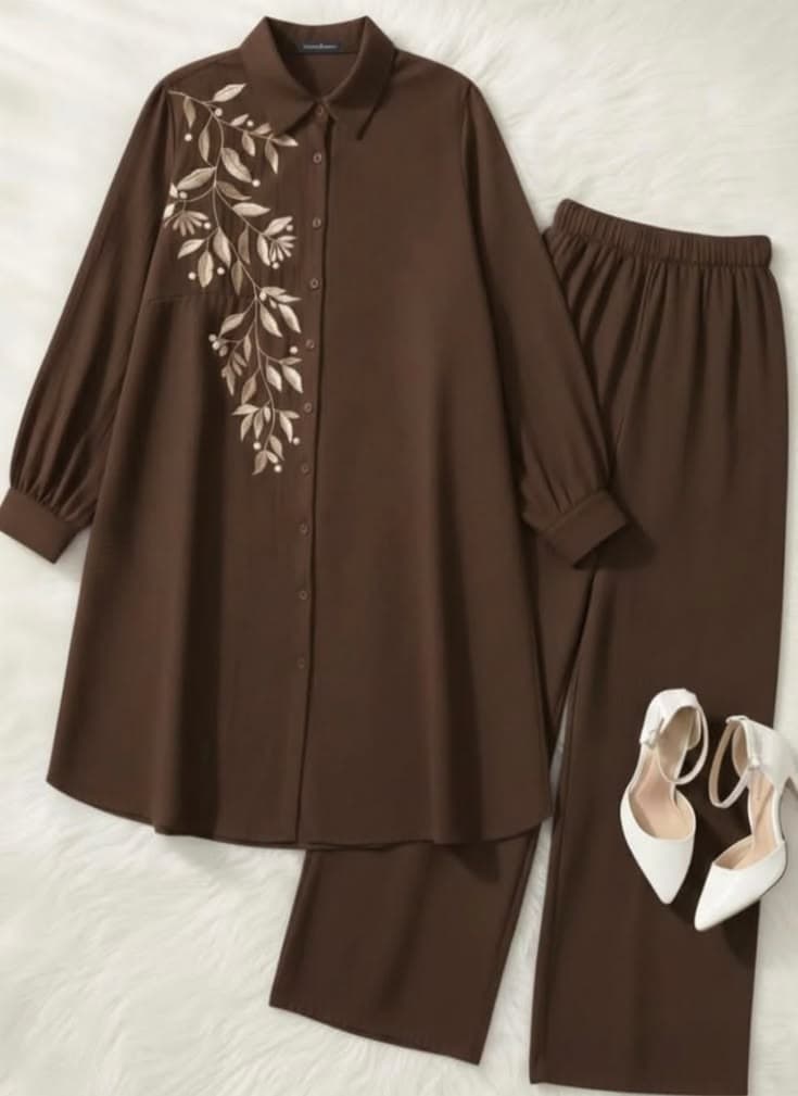 Design preview of the Chocolate Leaf Shirt Co-ord Set in chocolate brown, front view