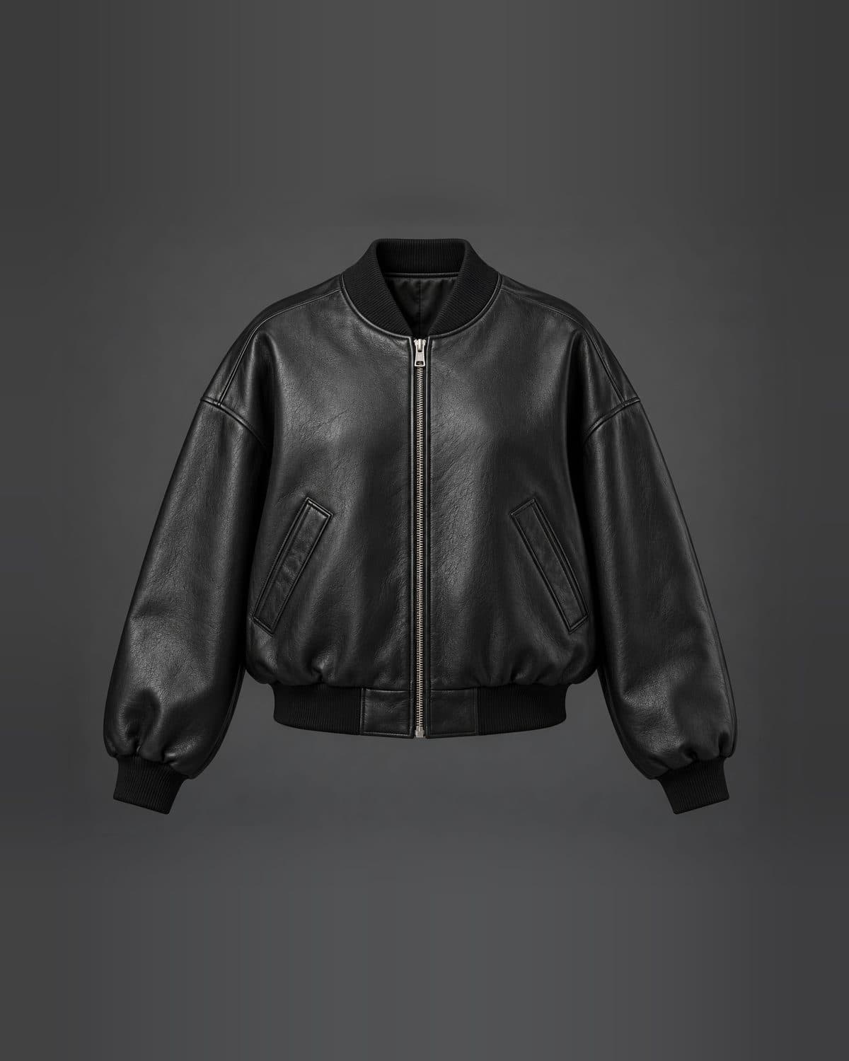 Design preview of the Cloud Volume Bomber leather jacket in black: bomber, oversized, ribbed trims, dropped shoulders