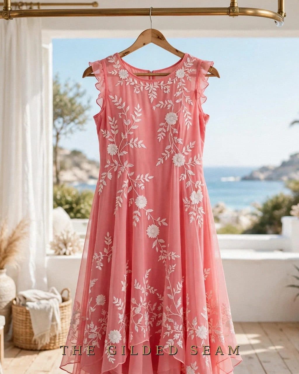 Design preview of the Coral White Embroidery Frock in coral, front view
