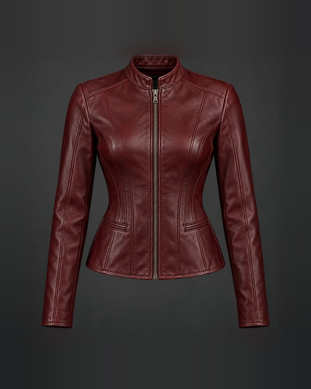 Design preview of the Corset Panel Racer leather jacket in cherry red: racer, corset panels, flared hem, band collar