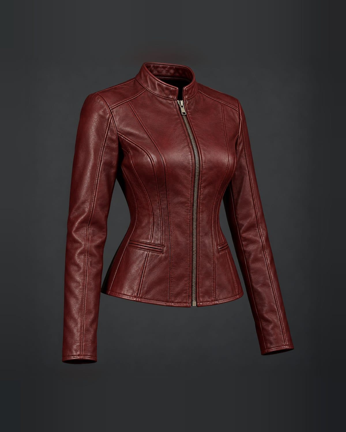 Design preview of the Corset Panel Racer leather jacket, three-quarter view