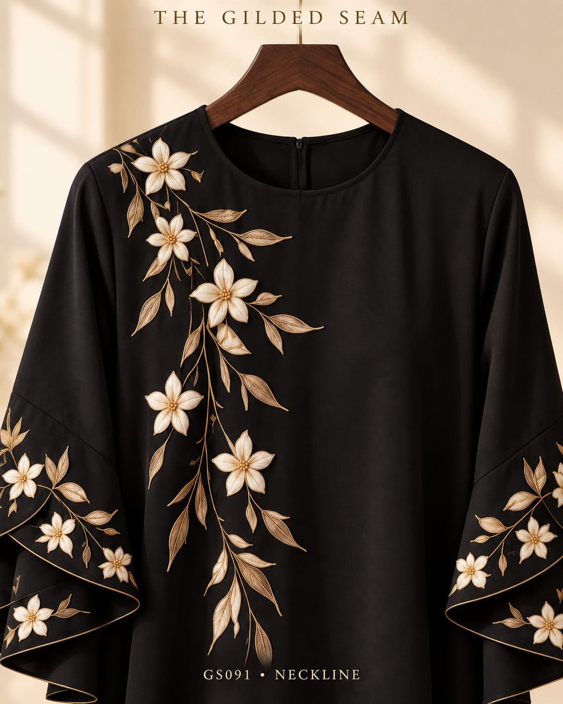 Design preview of the Desert Jasmine layered abaya, neckline