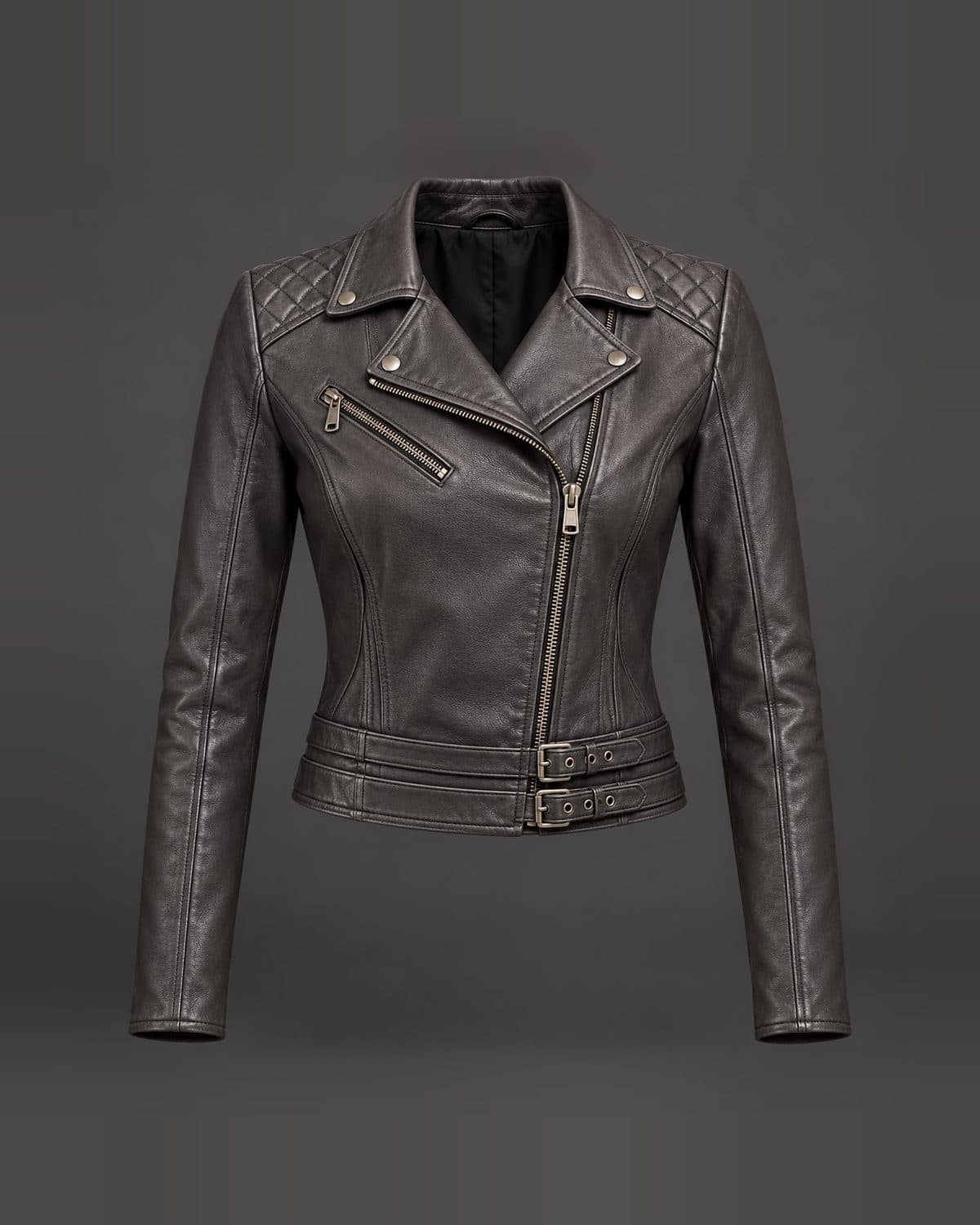 Design preview of the Double-Belt Crop Rider leather jacket in charcoal grey: rider, quilted shoulders, two belts, washed finish