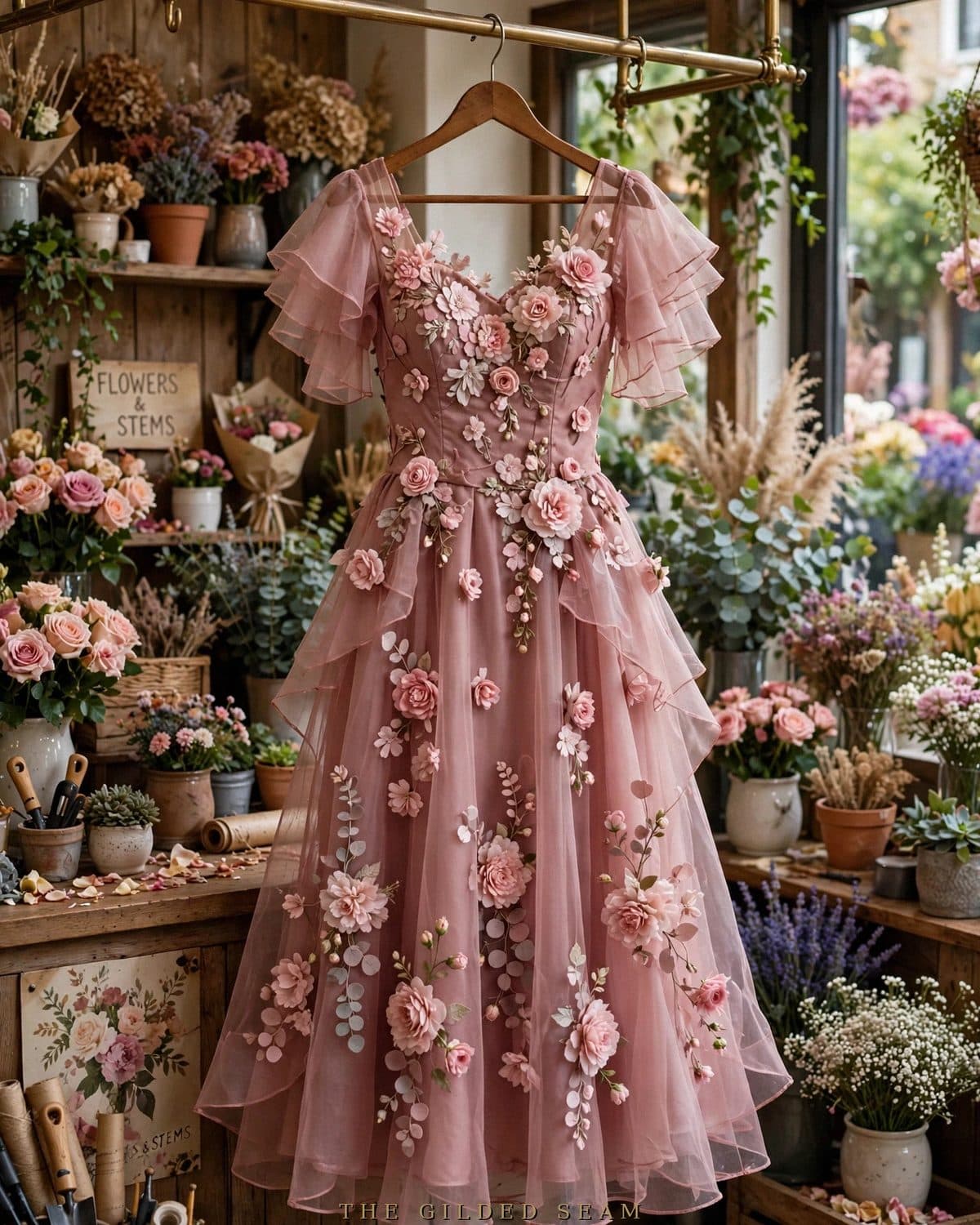 Design preview of the Dusty Rose 3D Floral Frock in dusty rose, front view