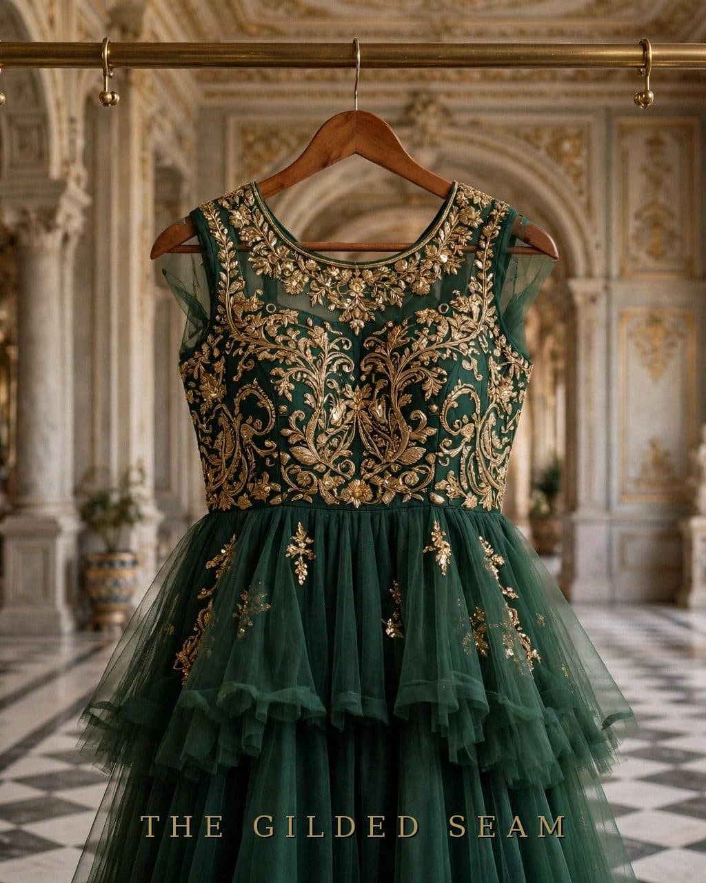 Design preview of the Forest Dabka Frock in forest green, front view