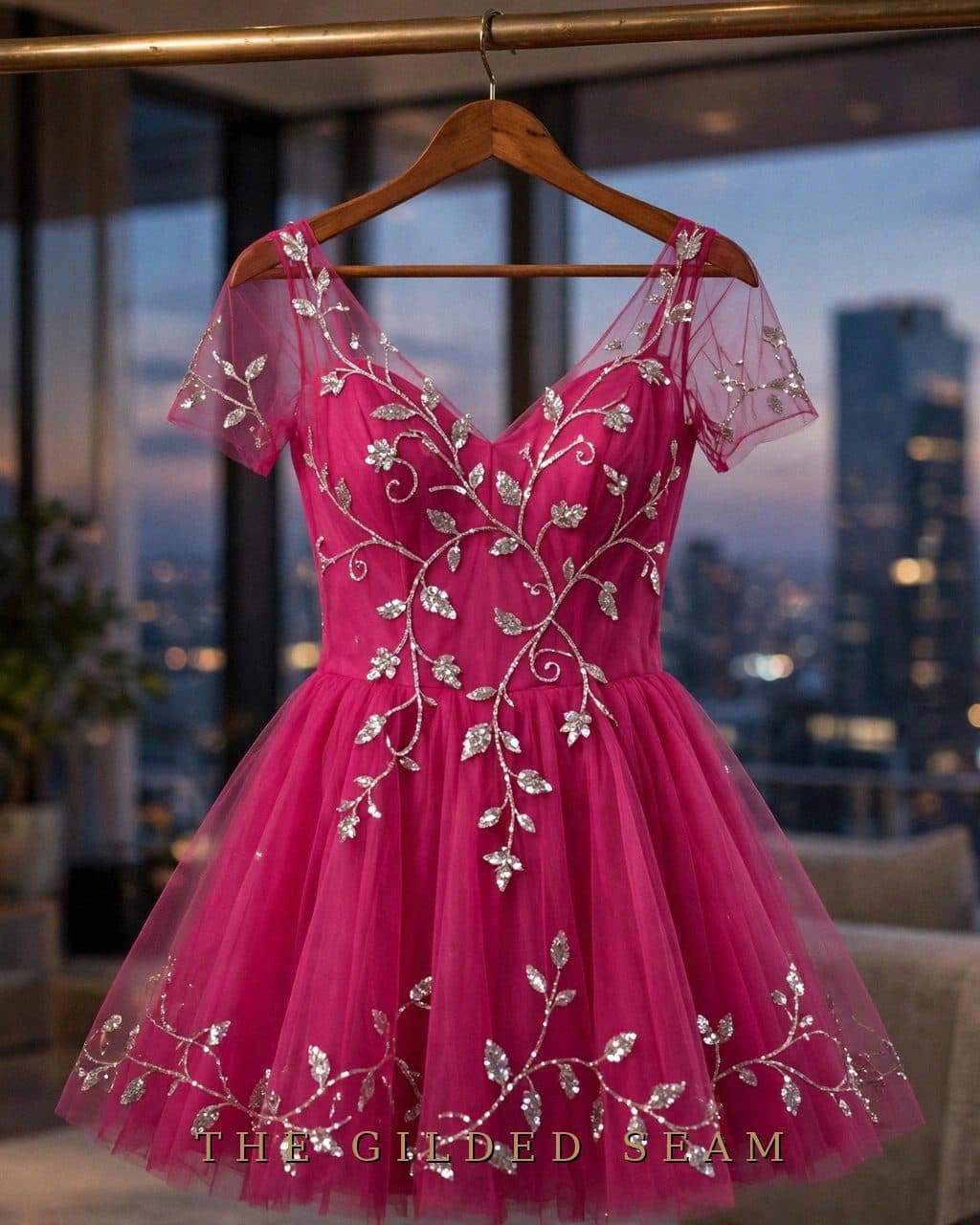 Design preview of the Fuchsia Sequin Vines Frock in fuchsia, front view