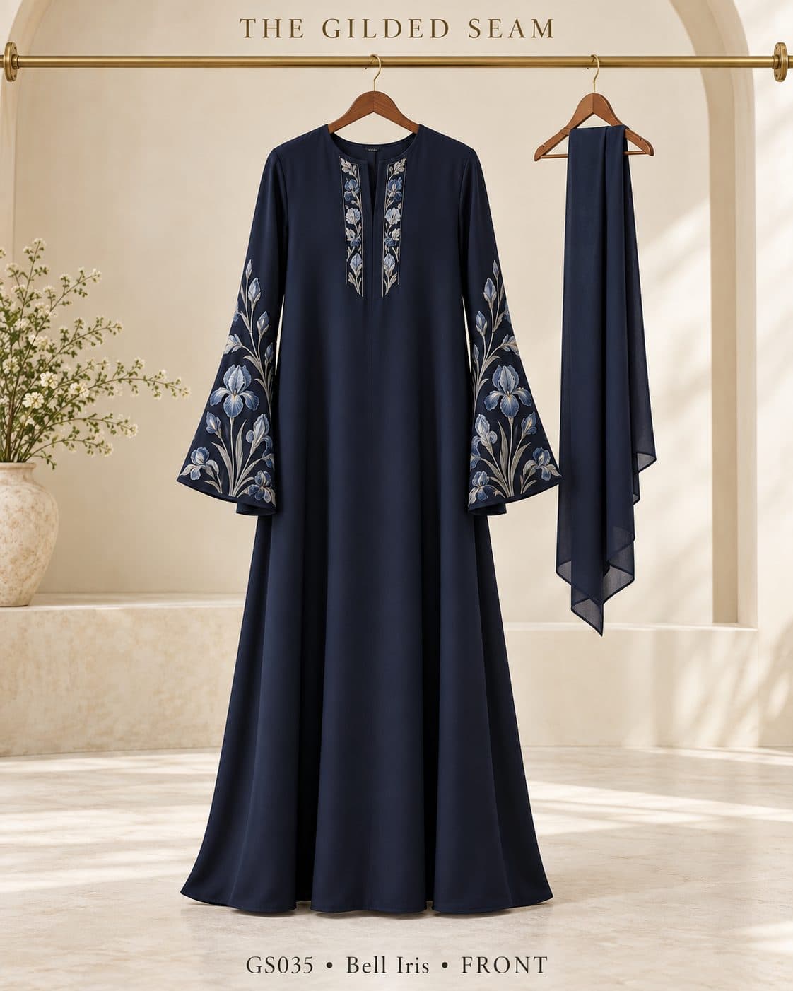 Design preview of the Iris bell abaya in navy, front view
