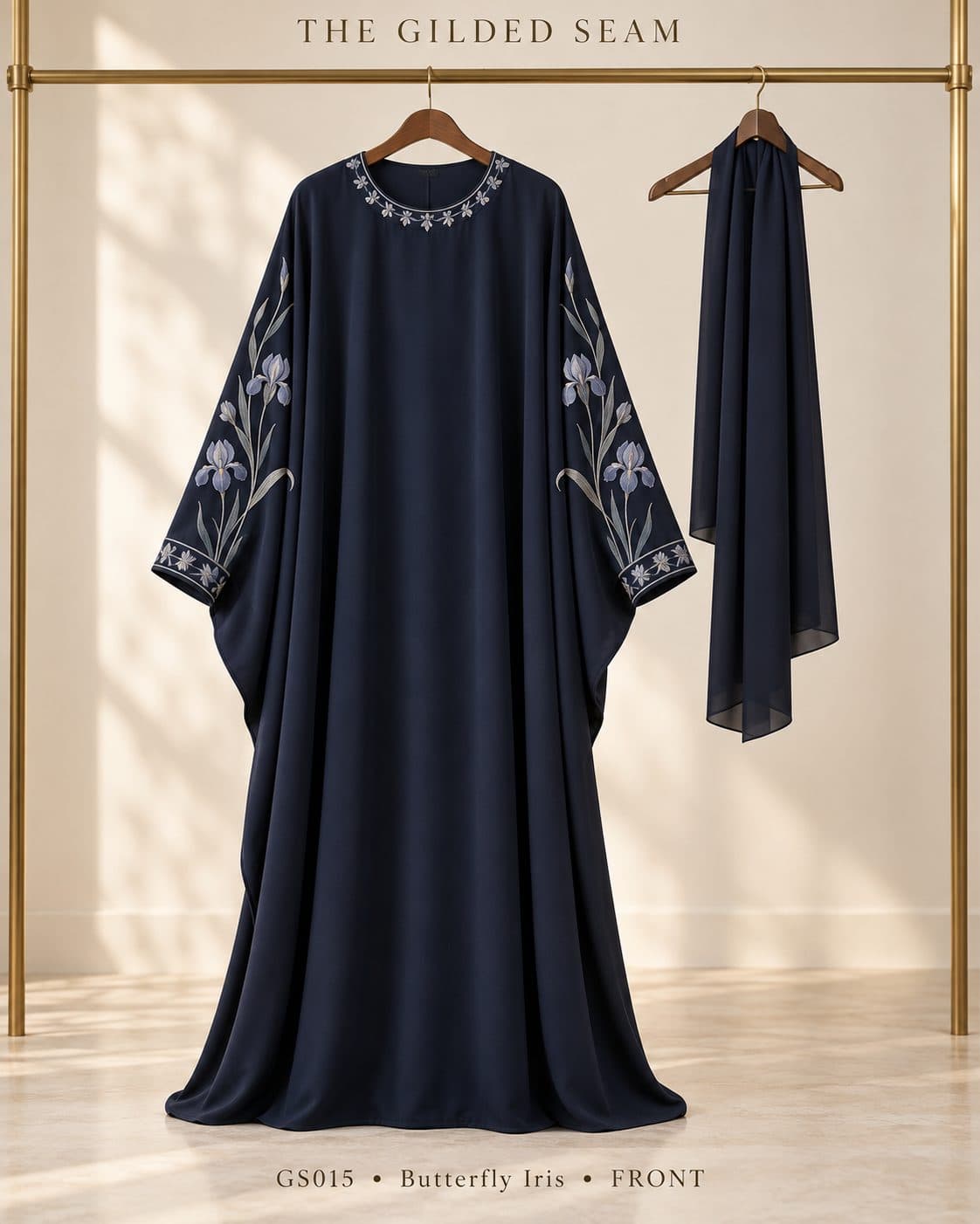 Design preview of the Iris butterfly abaya in navy, front view