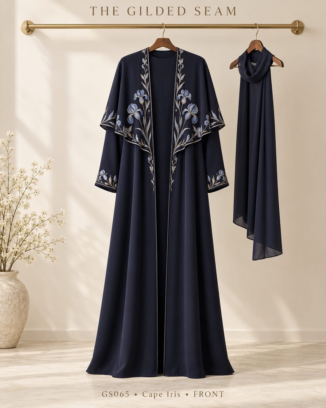 Design preview of the Iris cape abaya in navy, front view