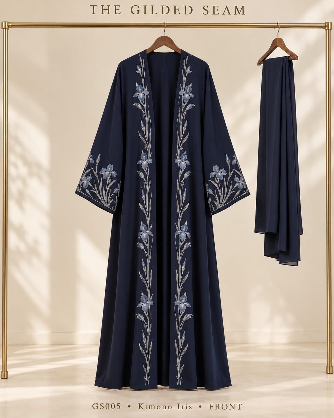 Design preview of the Iris kimono abaya in navy, front view