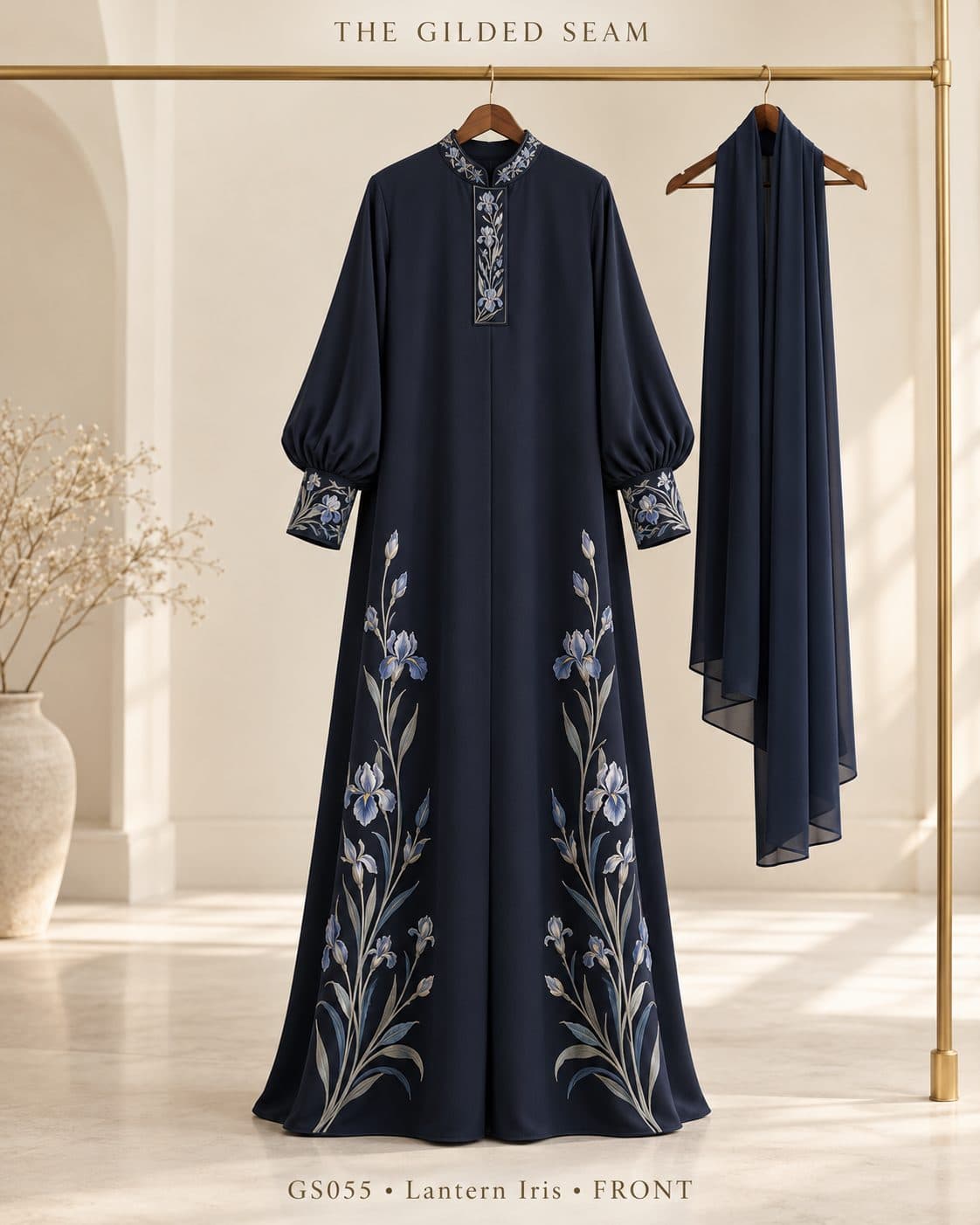 Design preview of the Iris lantern abaya in navy, front view