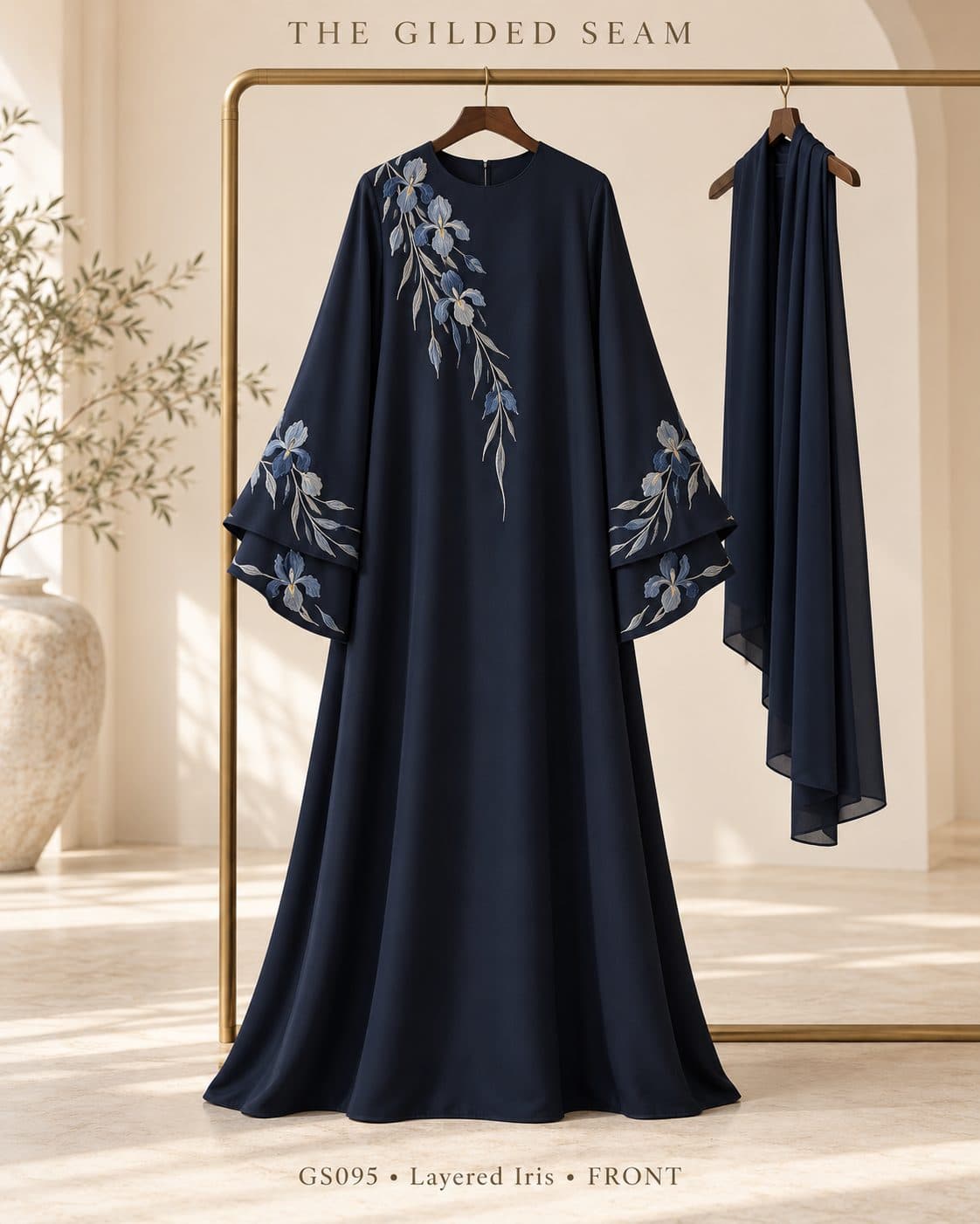 Design preview of the Iris layered abaya in navy, front view
