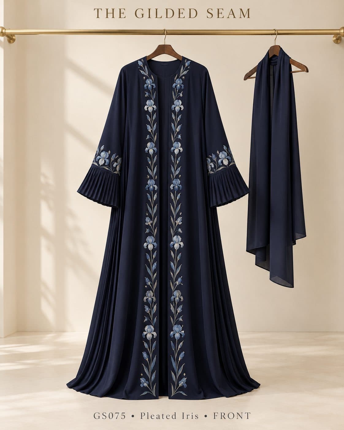 Design preview of the Iris pleated abaya in navy, front view