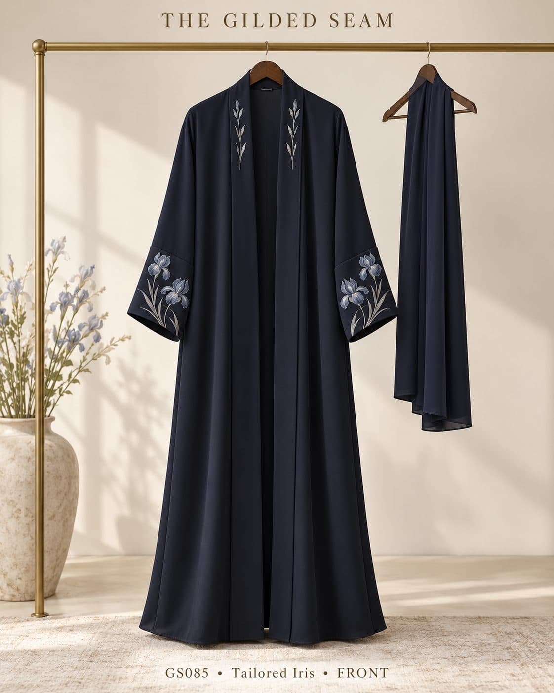 Design preview of the Iris tailored abaya in navy, front view