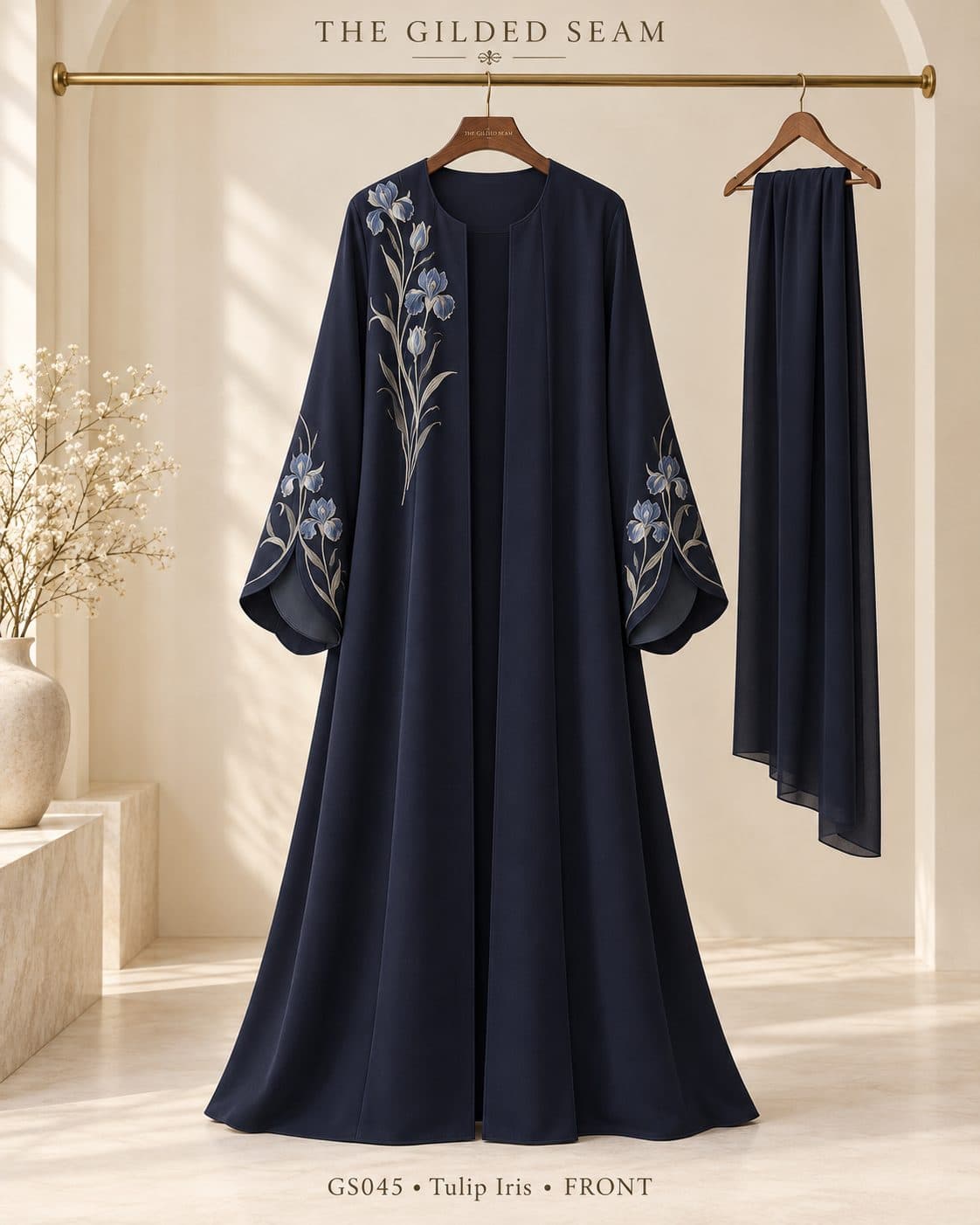 Design preview of the Iris tulip abaya in navy, front view