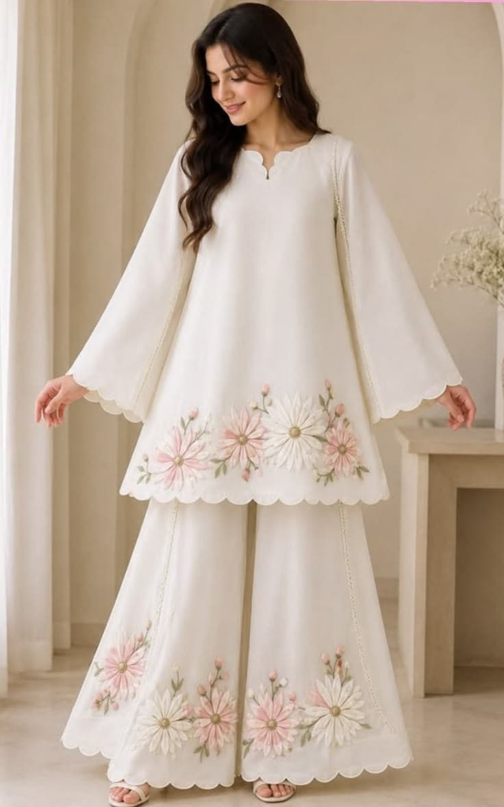 Design preview of the Ivory Daisy Scallop Set in ivory, front view