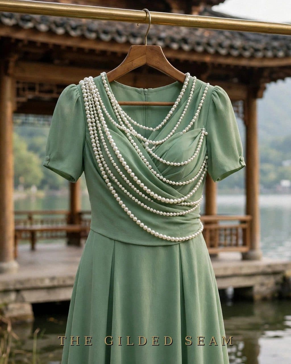 Design preview of the Jade Pearls Frock in jade green, front view
