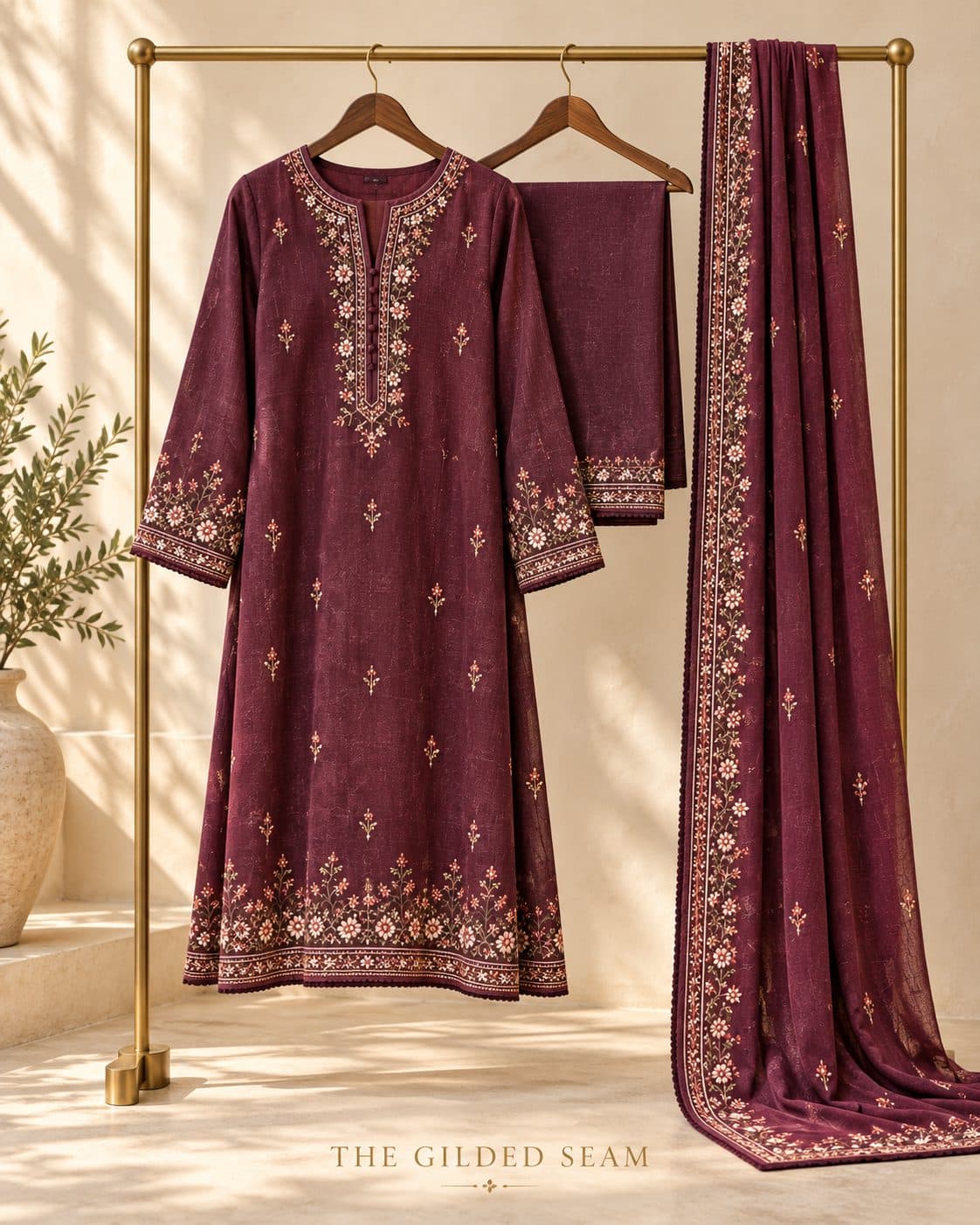 Embroidered karandi suit in plum, front view