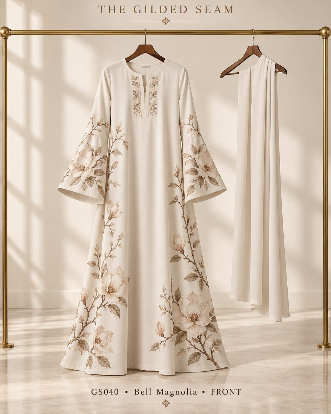 Design preview of the Magnolia bell abaya in ivory, front view