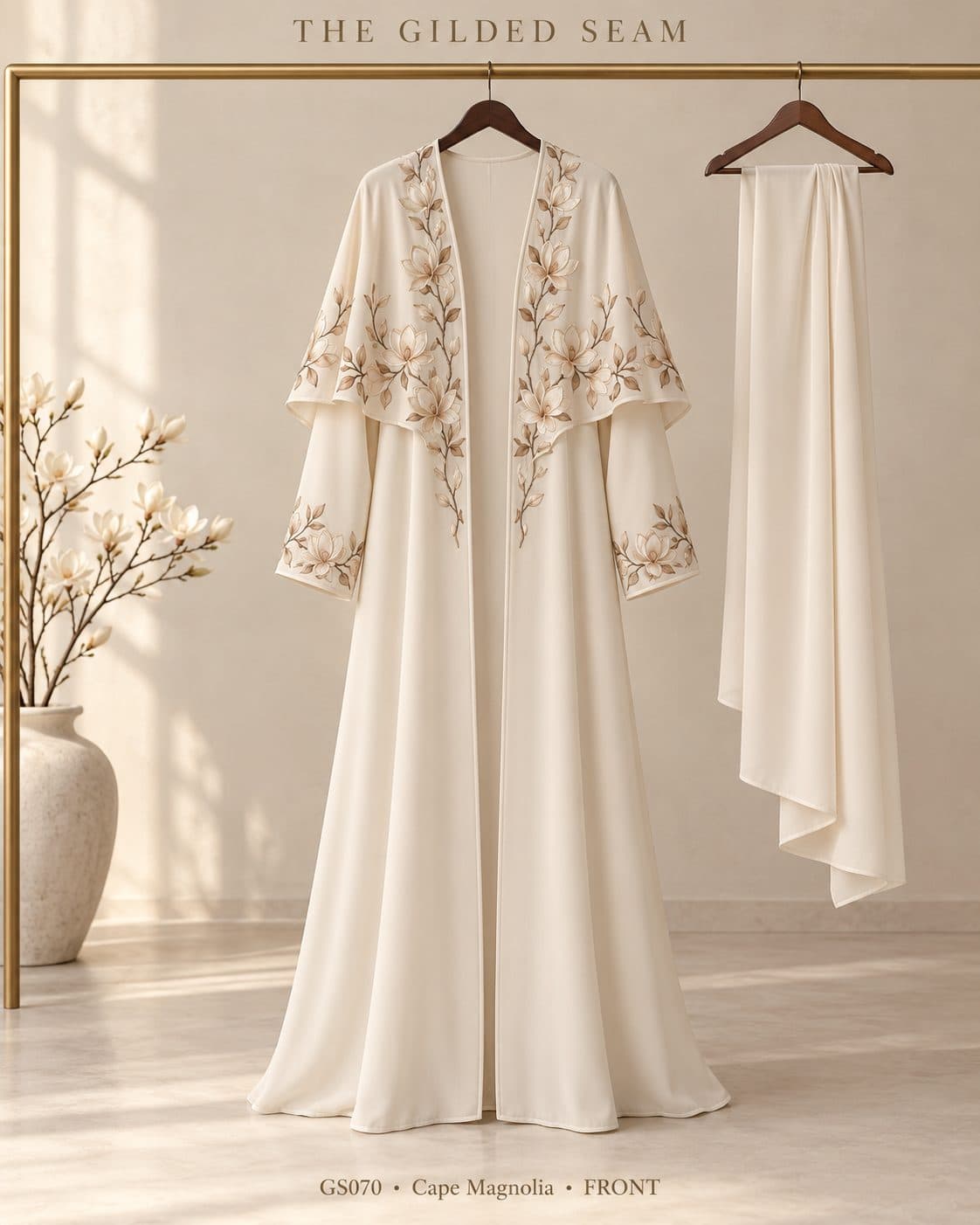 Design preview of the Magnolia cape abaya in ivory, front view