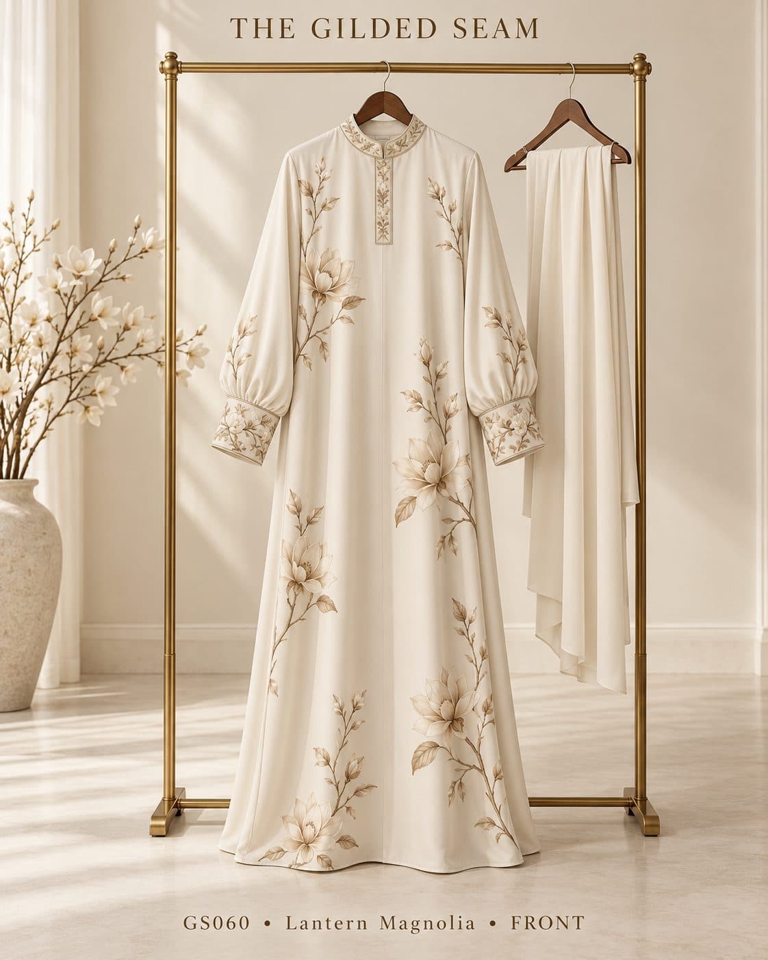 Design preview of the Magnolia lantern abaya in ivory, front view