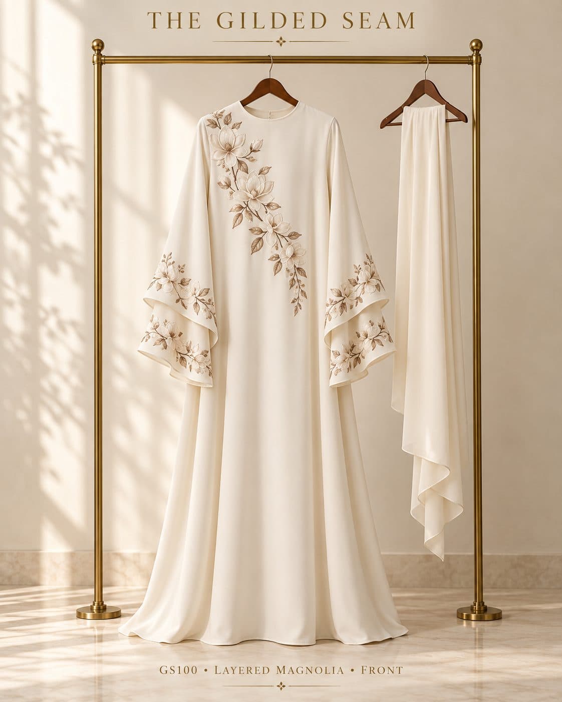Design preview of the Magnolia layered abaya in ivory, front view
