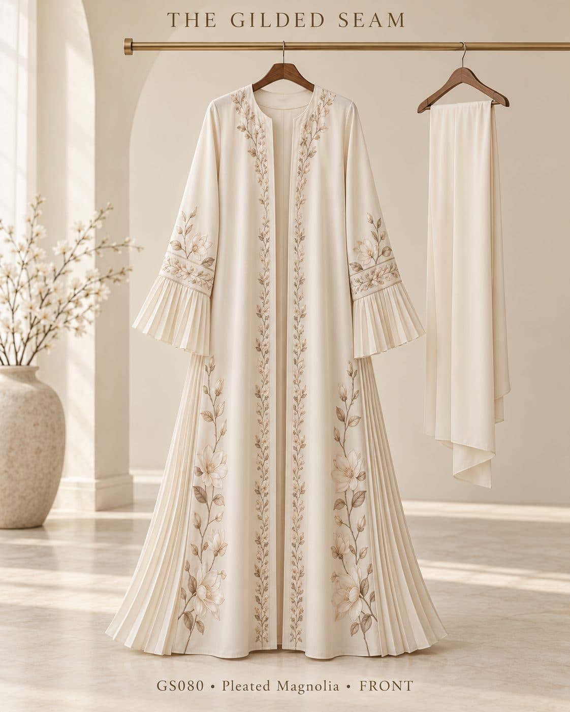 Design preview of the Magnolia pleated abaya in ivory, front view