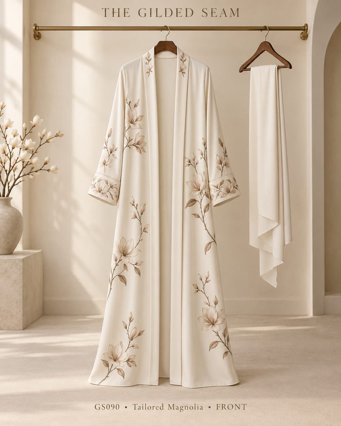 Design preview of the Magnolia tailored abaya in ivory, front view