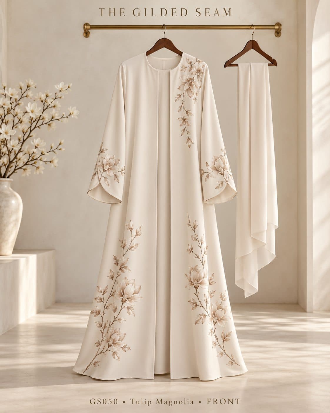 Design preview of the Magnolia tulip abaya in ivory, front view