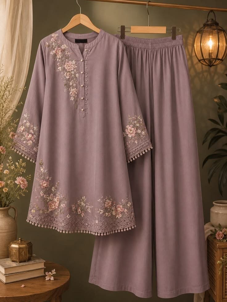 Design preview of the Mauve Pearl Button Co-ord Set in mauve, front view