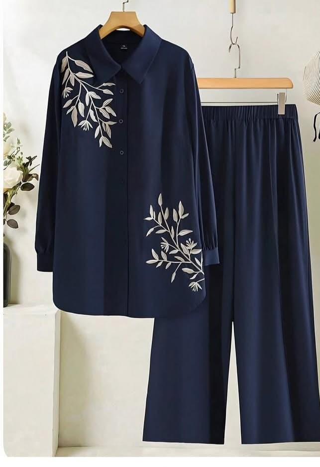 Design preview of the Navy Leaf Shirt Co-ord Set in navy, front view
