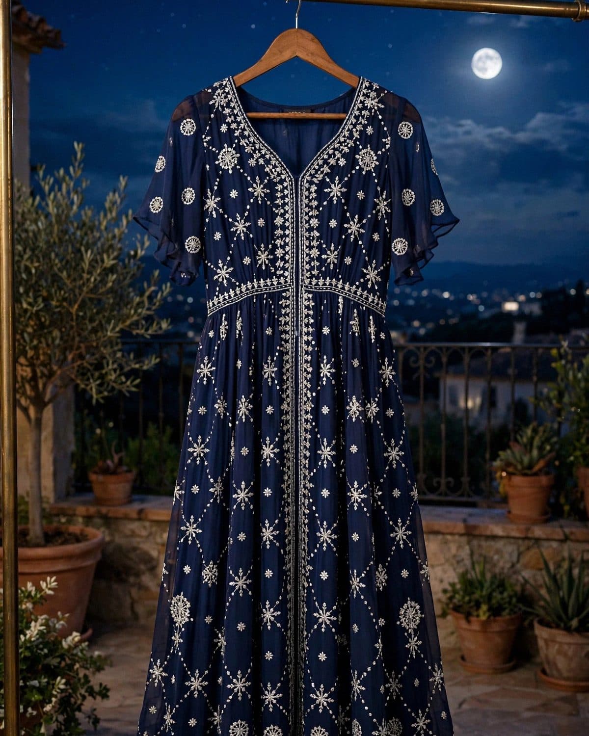 Design preview of the Navy Mukaish Frock in navy, front view