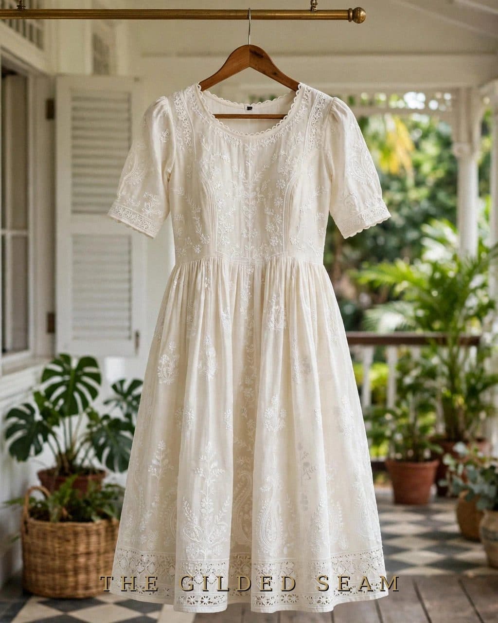 Design preview of the Off-White Chikan Frock in off-white, front view