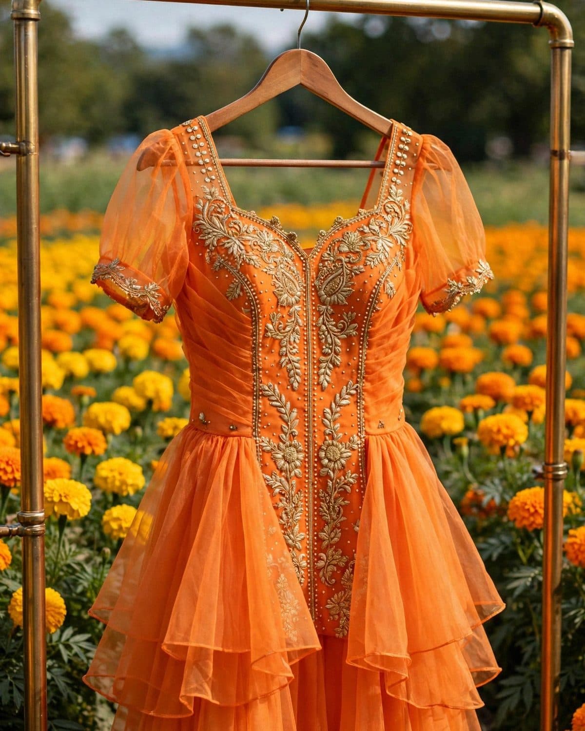 Design preview of the Orange Dabka Frock in orange, front view