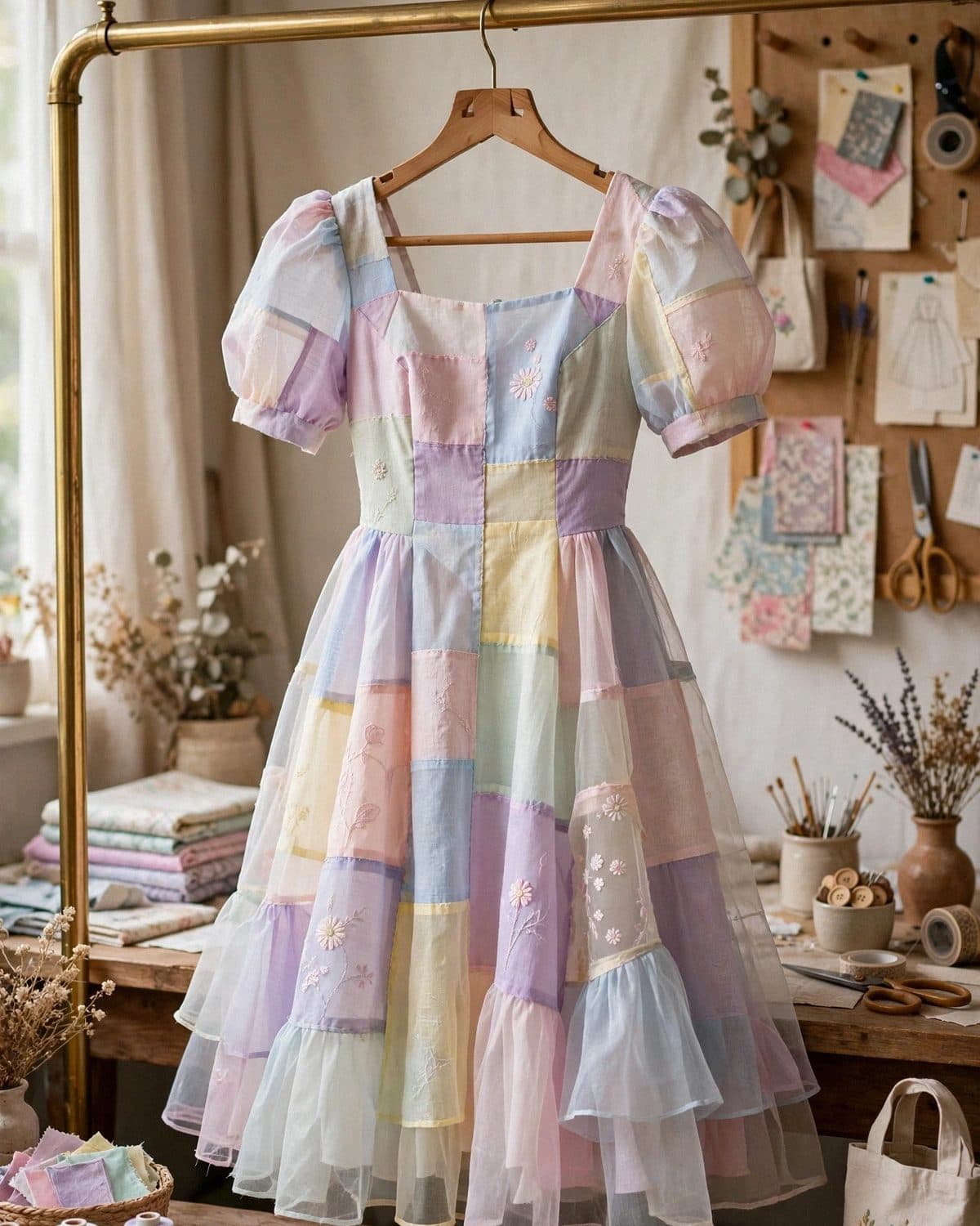 Design preview of the Pastel Patchwork Frock in pastel multicolour, front view