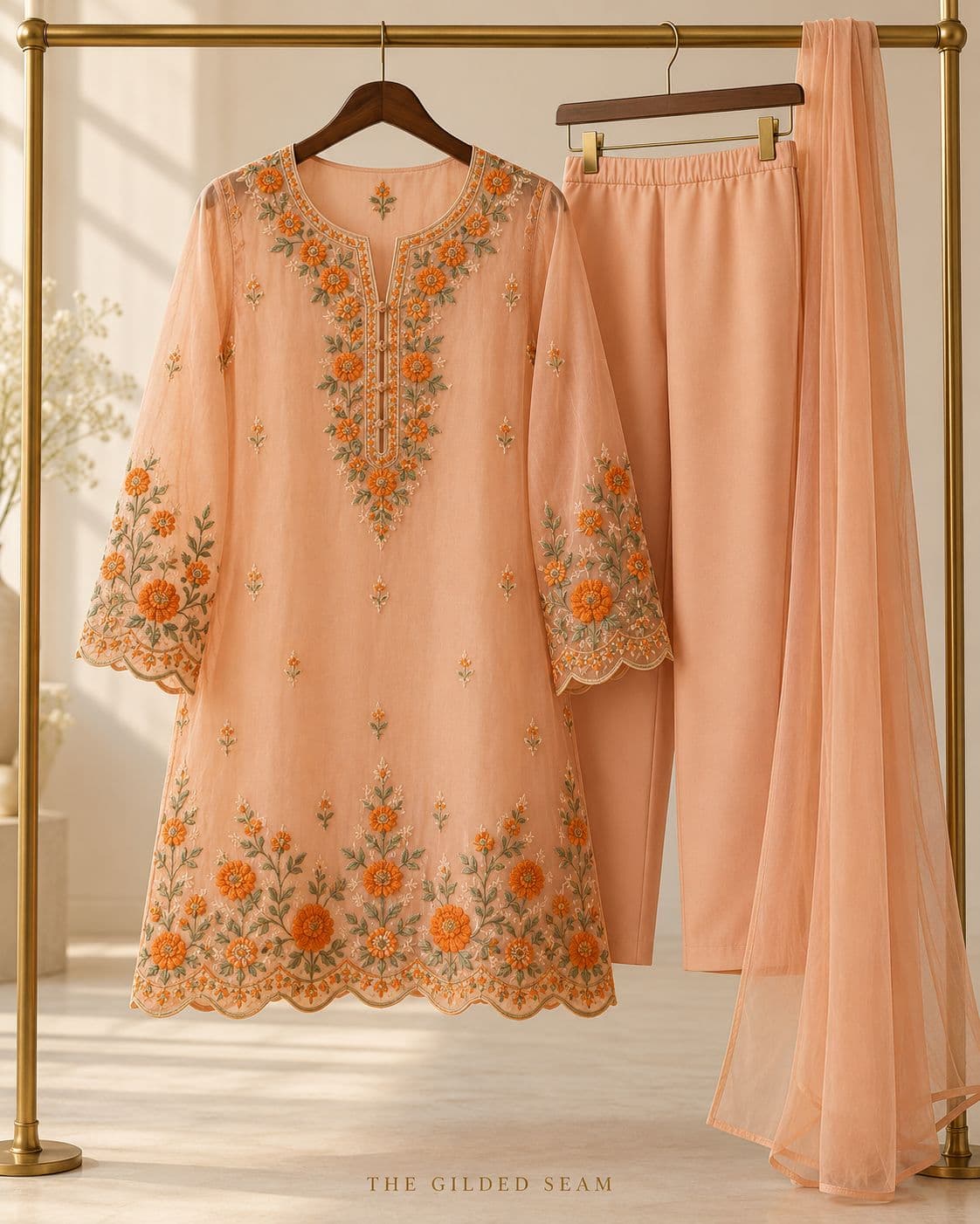 Design preview of the Peach Marigold Three-Piece in peach, front view