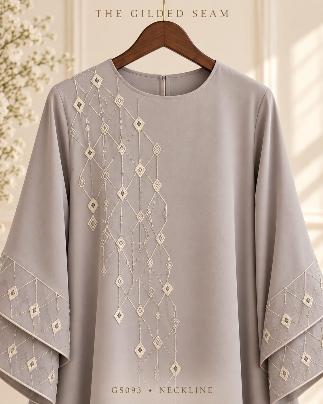 Design preview of the Pearl Geometry layered abaya, neckline