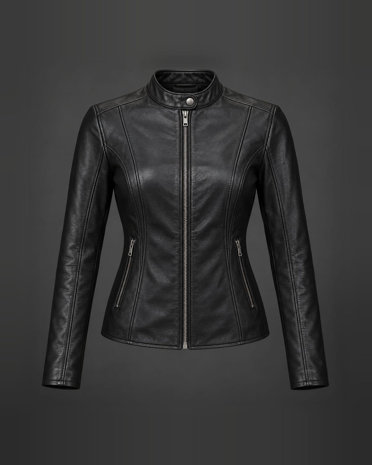 Design preview of the Princess Seam Racer leather jacket in black: racer, band collar, princess seams, centre zip