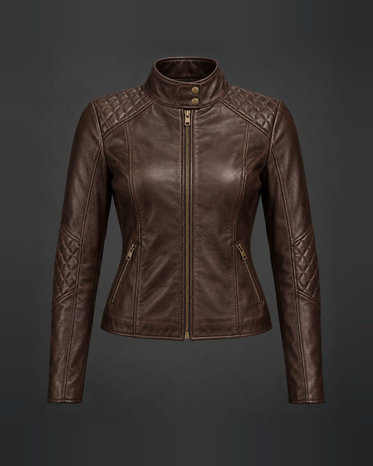 Design preview of the Quilted Curve Racer leather jacket in dark brown: racer, quilted panels, stand collar, brass hardware