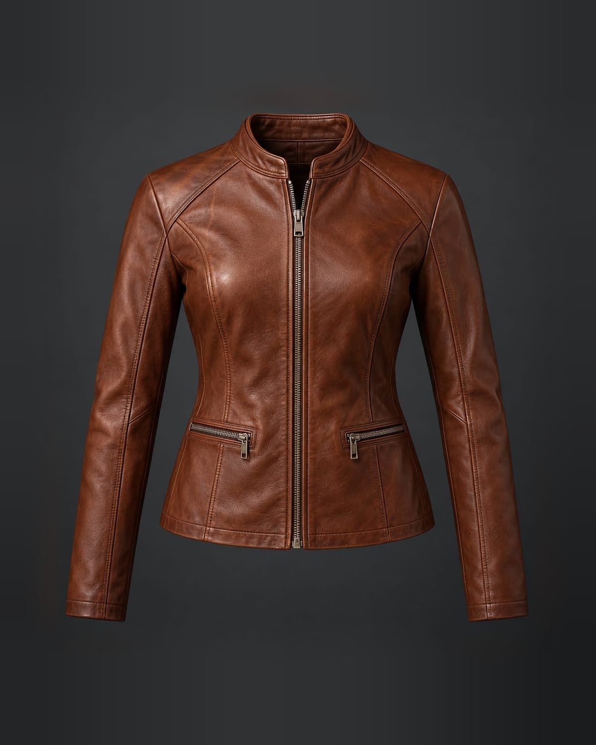 Design preview of the Raglan Slim Racer leather jacket in cognac: racer, raglan sleeves, slim fit, stand collar