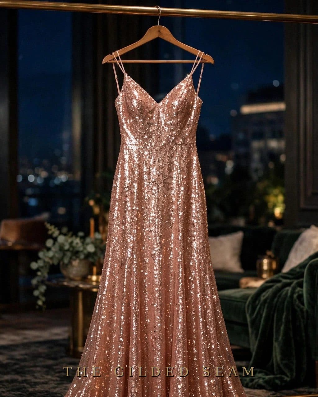 Design preview of the Rose Gold Sequin Frock in rose gold, front view