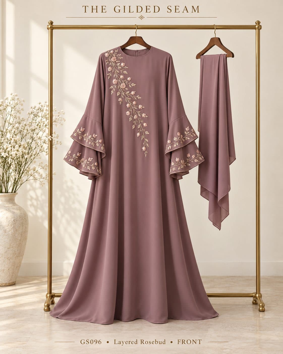 Design preview of the Rosebud layered abaya in dusty mauve, front view