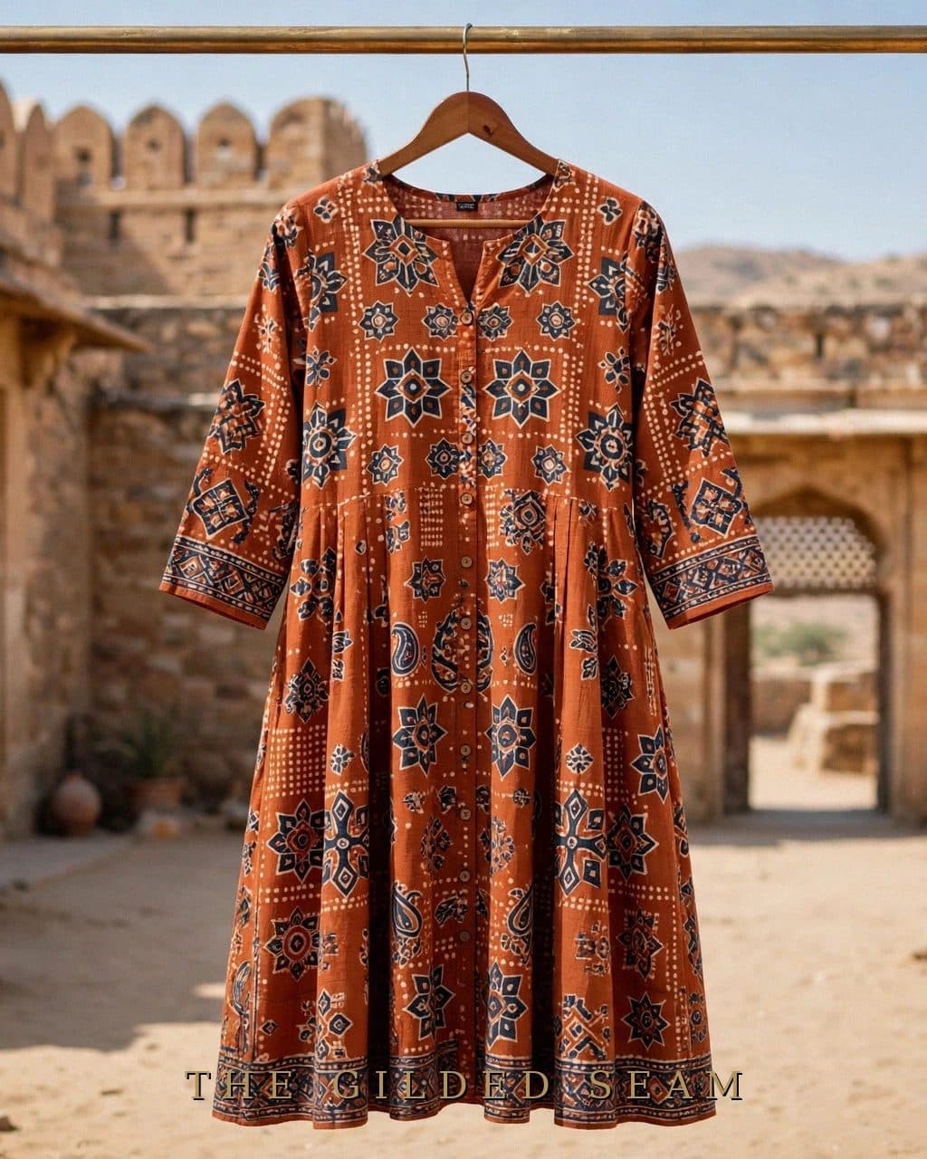 Design preview of the Rust Ajrak Frock in rust, front view
