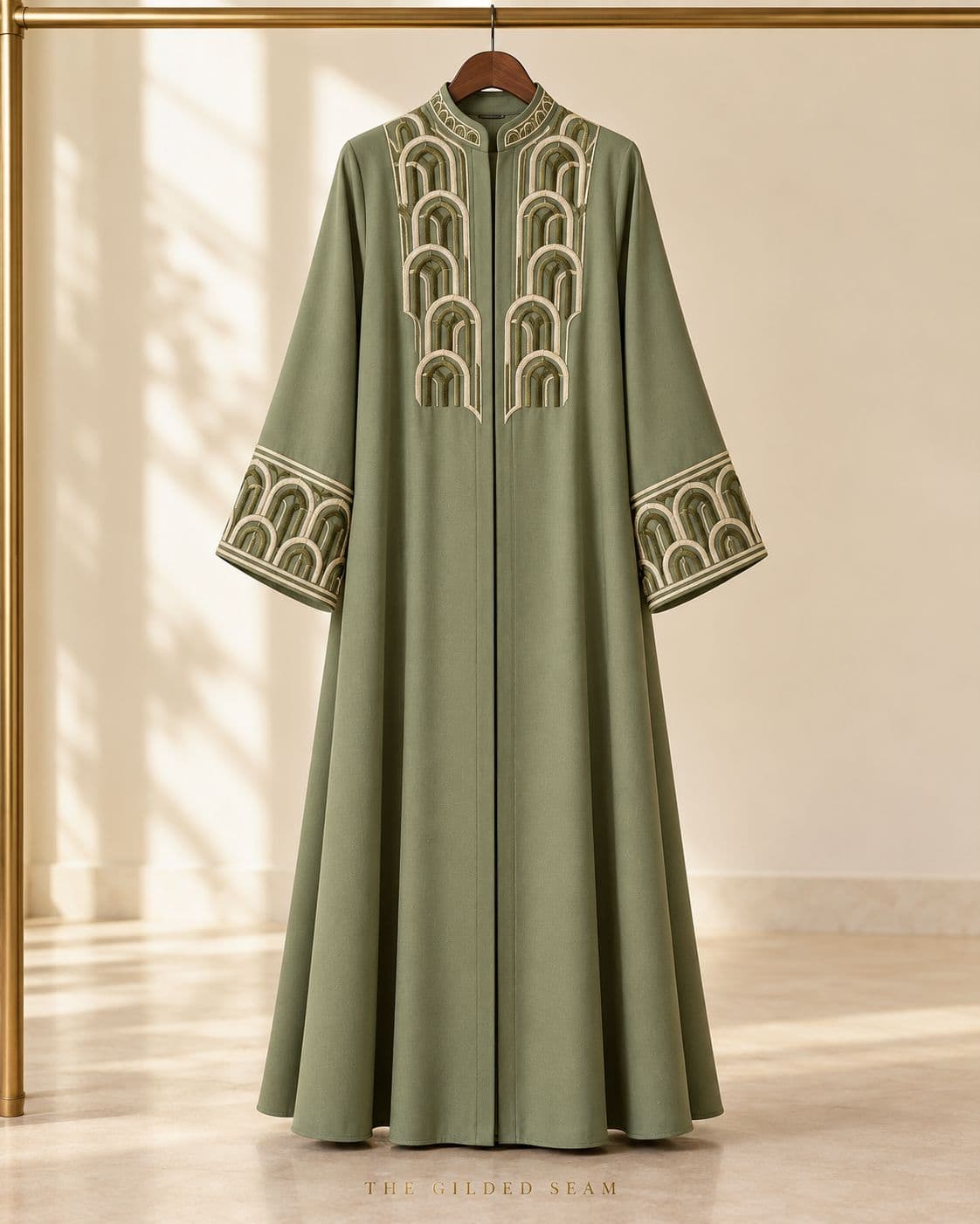 Design preview of the Sage Arch Kaftan in sage green, front view
