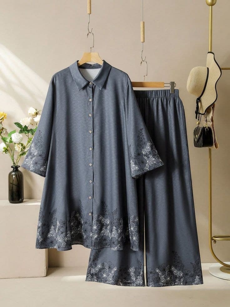 Design preview of the Slate Floral Border Co-ord Set in slate grey, front view
