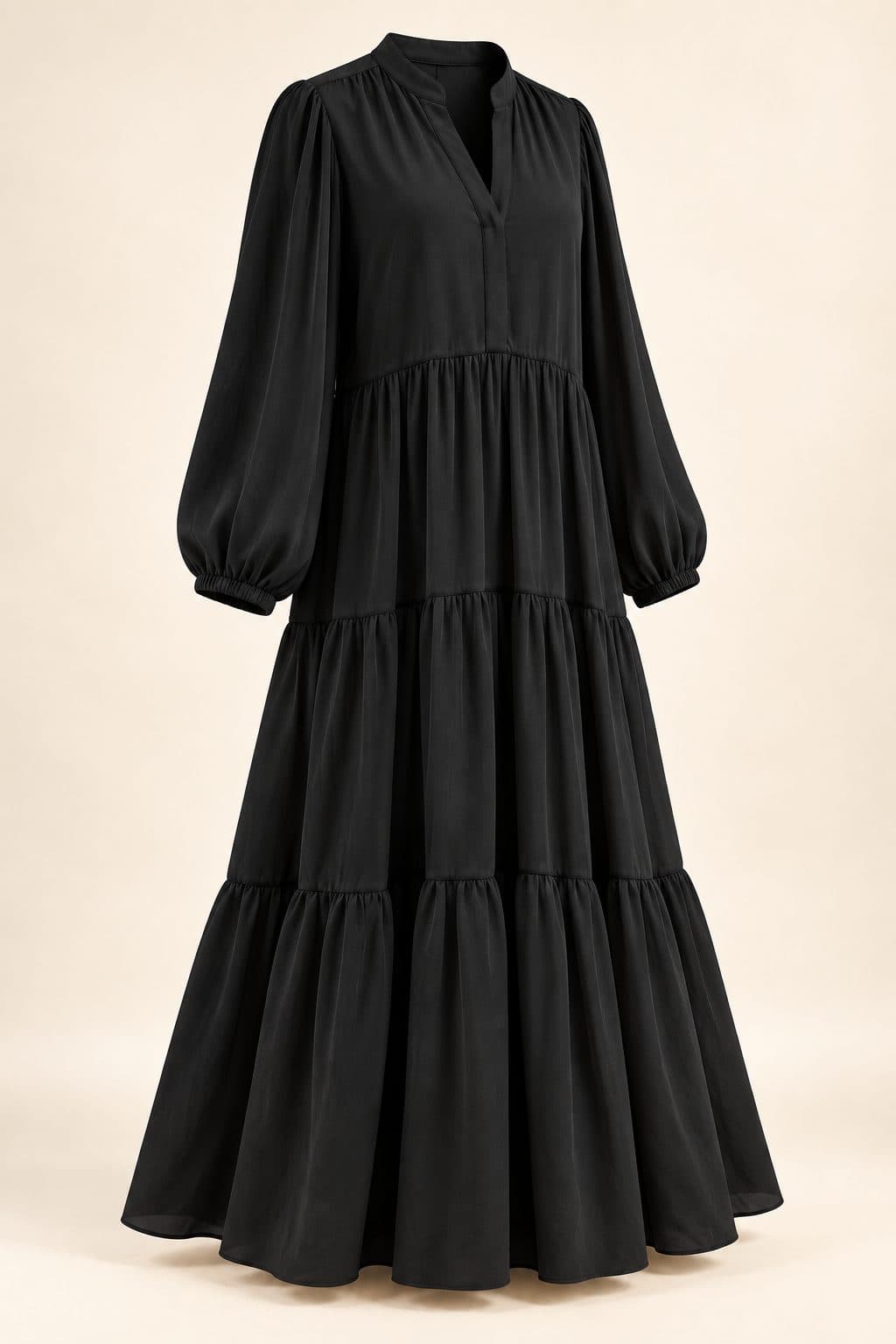 Tiered maxi dress in black, front view