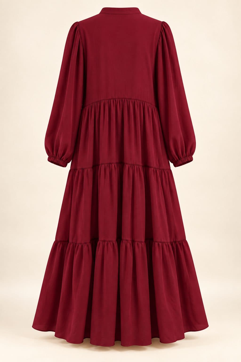 Tiered maxi dress in maroon, back view